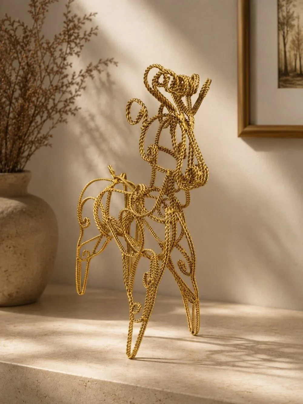 Rope Wire Reindeer Sculpture Figurine Rustic Metal Reindeer Holiday Decor